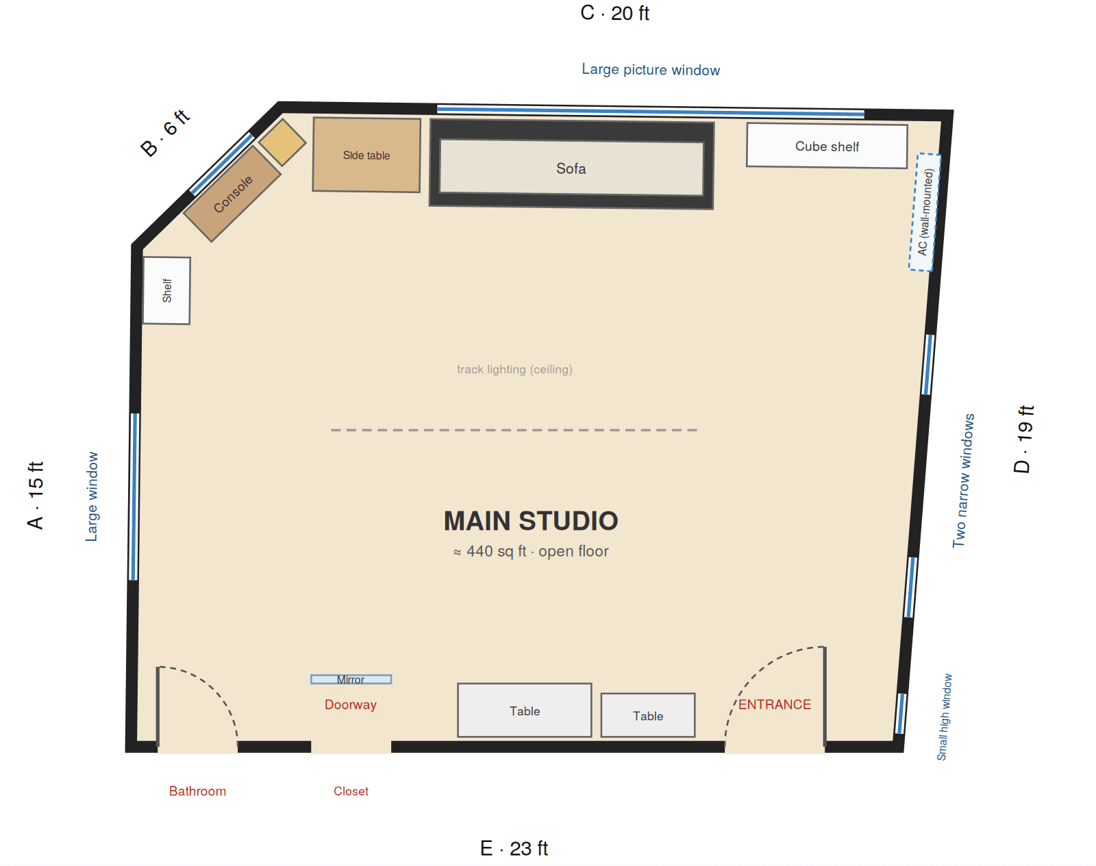 Floor plan of the Queens Plaza Studios main studio, about 440 square feet, with wall dimensions
