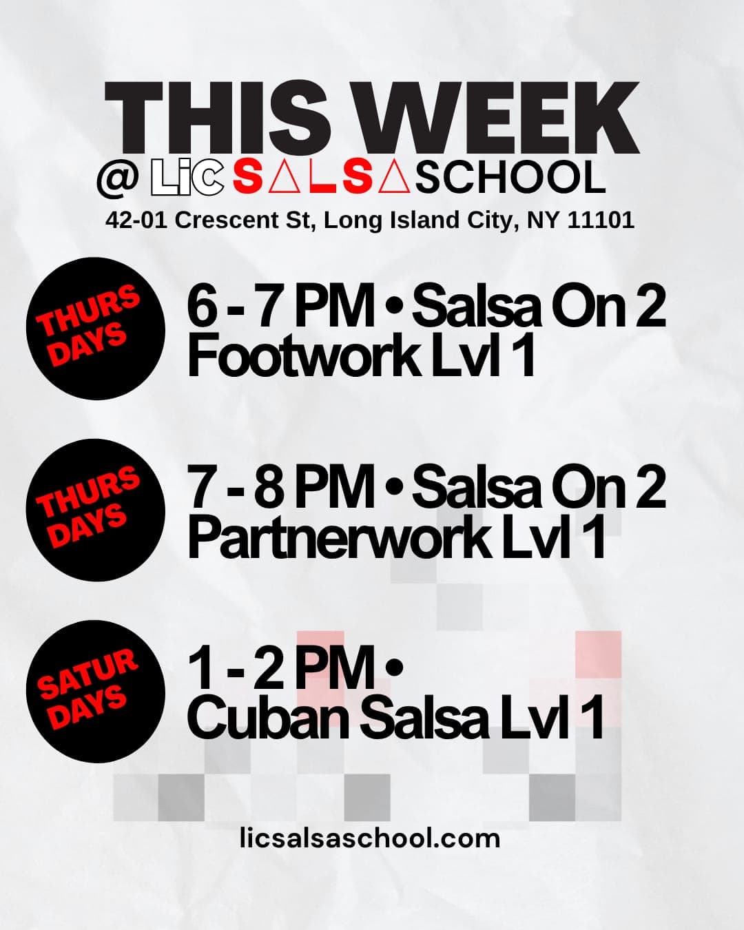 This week at LIC Salsa School — Salsa On 2 Footwork & Partnerwork (Thursdays) and Cuban Salsa (Saturdays) in Long Island City