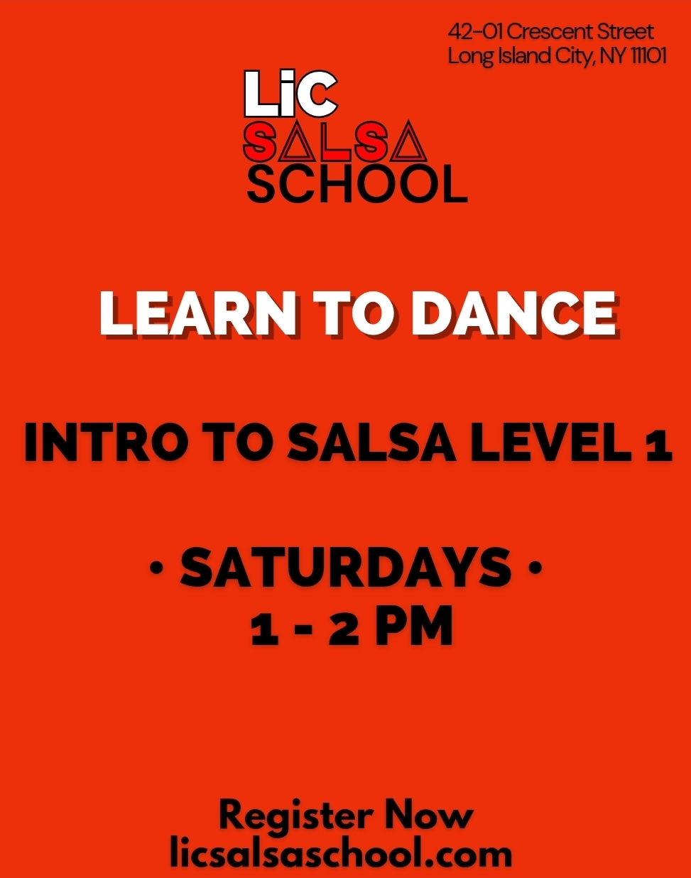 Beginner salsa class flyer for LIC Salsa School at Queens Plaza Studios